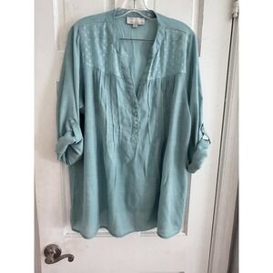 Carolyn Taylor Top Womens Sz 1X Roll Up Sleeve Pullover Blouse Shirt Green Beach
